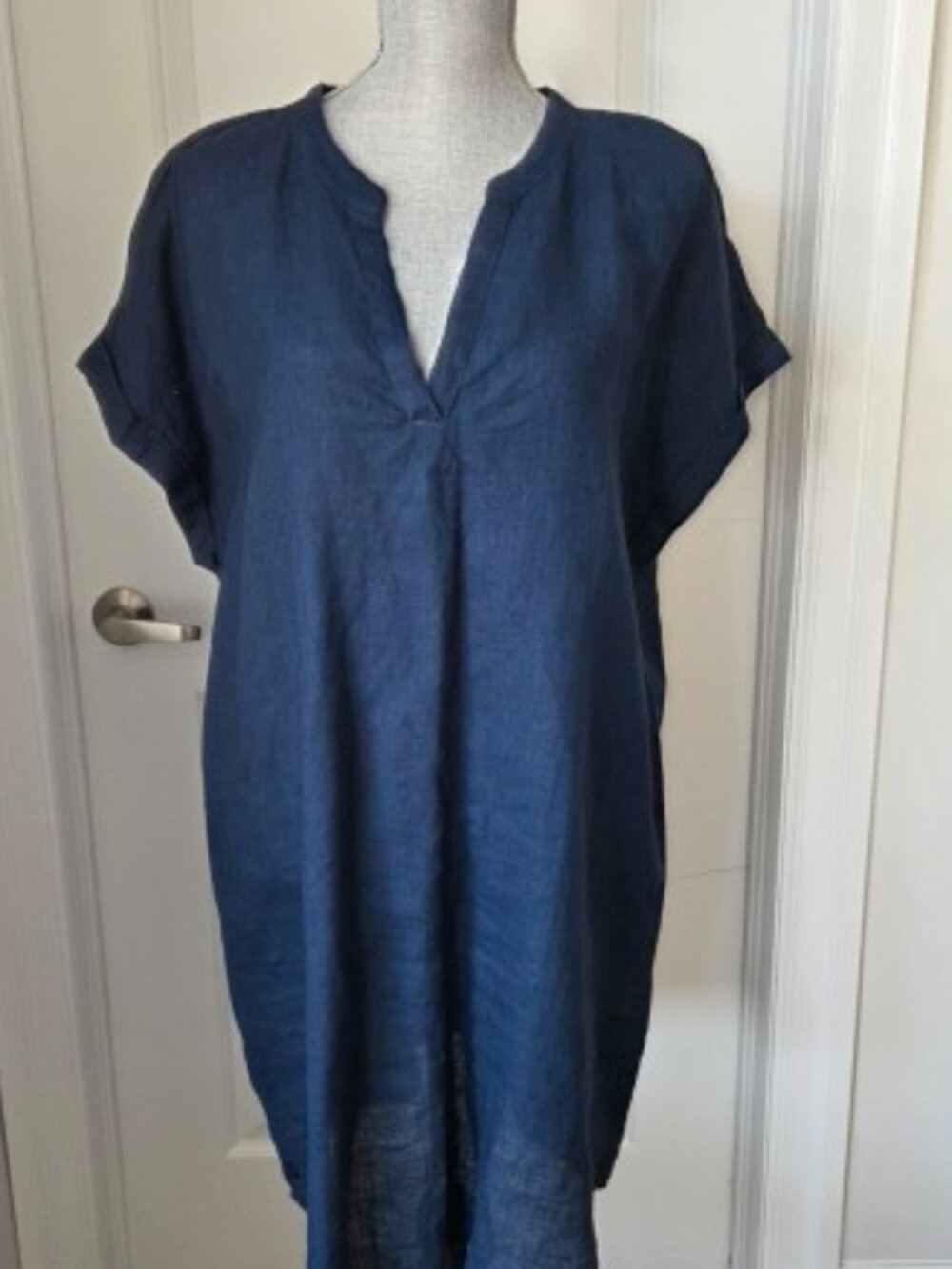 Cream Navy Linen relaxed tunic dress drop shoulders size L/XL